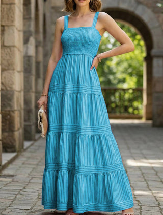 Blue retro-style striped maxi dress from My Store featuring a flowing design and casual elegance.