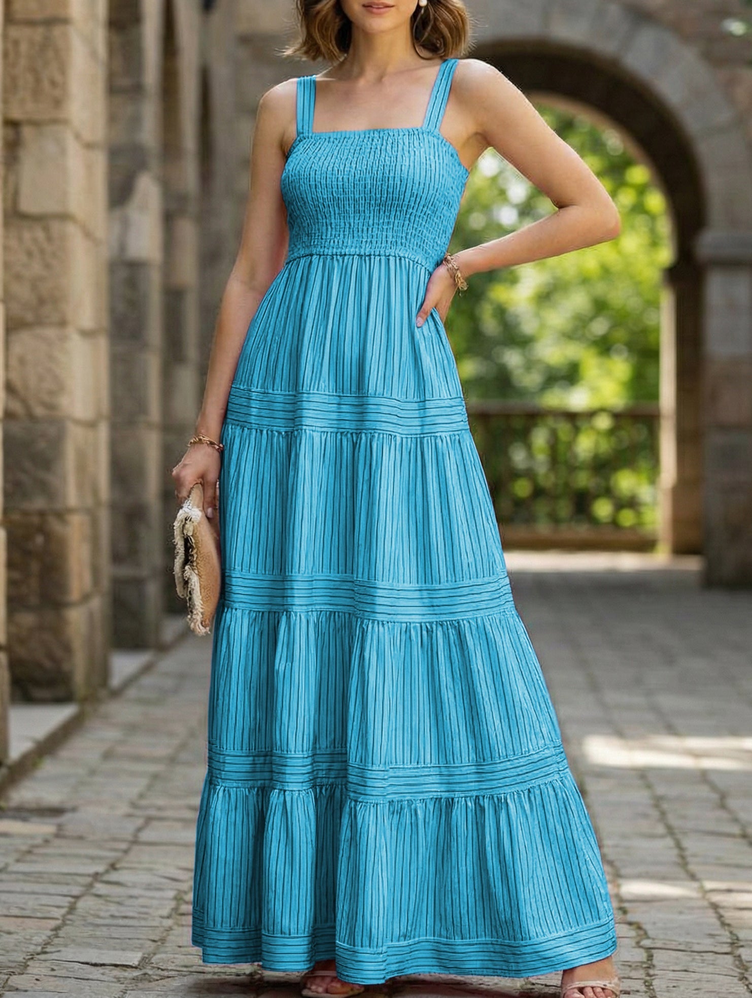Blue retro-style striped maxi dress from My Store featuring a flowing design and casual elegance.