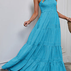 Blue retro-style striped maxi dress from My Store, flowing design with bold horizontal stripes, perfect for casual or summer wear.