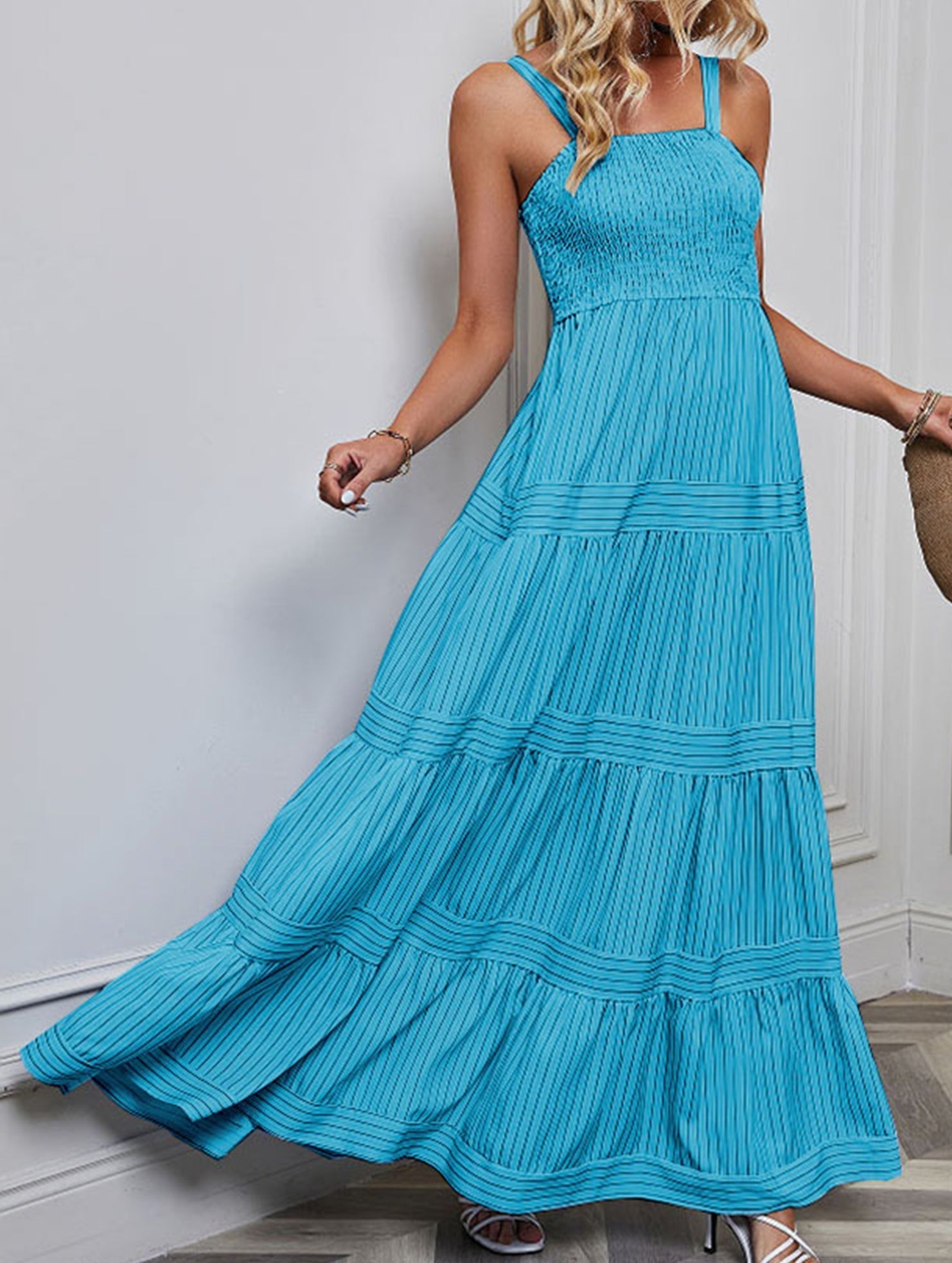 Blue retro-style striped maxi dress from My Store, flowing design with bold horizontal stripes, perfect for casual or summer wear.