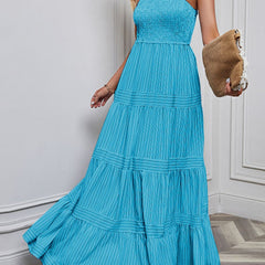 Blue retro style striped maxi dress from My Store, featuring a flowing design and white accents, perfect for summer wear.