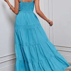 Blue retro style striped maxi dress from My Store featuring a flowing design and bold horizontal stripe pattern.