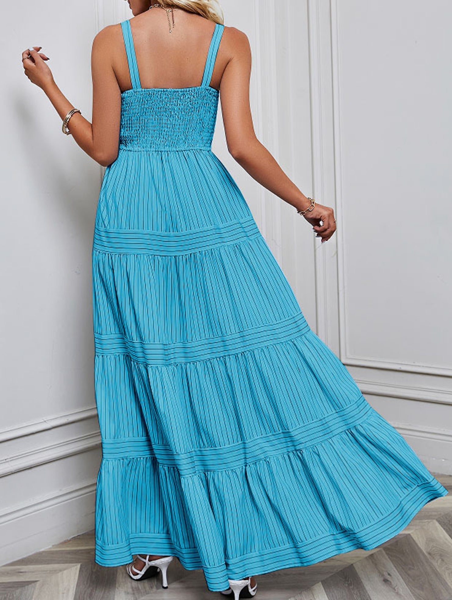Blue retro style striped maxi dress from My Store featuring a flowing design and bold horizontal stripe pattern.