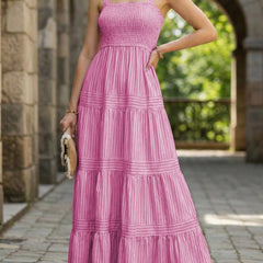 White retro striped maxi dress with a flowing silhouette, featuring bold stripes and a fitted waist from My Store.