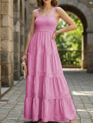 White retro striped maxi dress with a flowing silhouette, featuring bold stripes and a fitted waist from My Store.