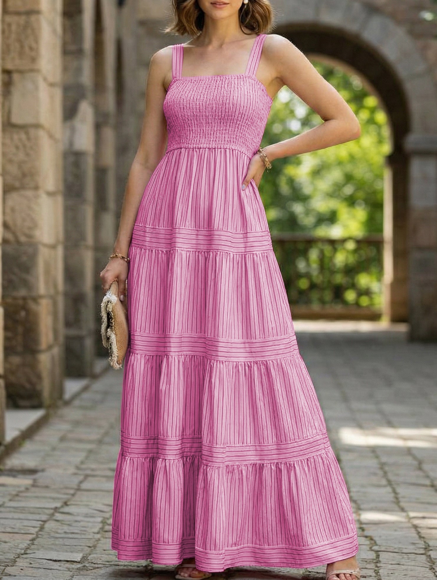 White retro striped maxi dress with a flowing silhouette, featuring bold stripes and a fitted waist from My Store.
