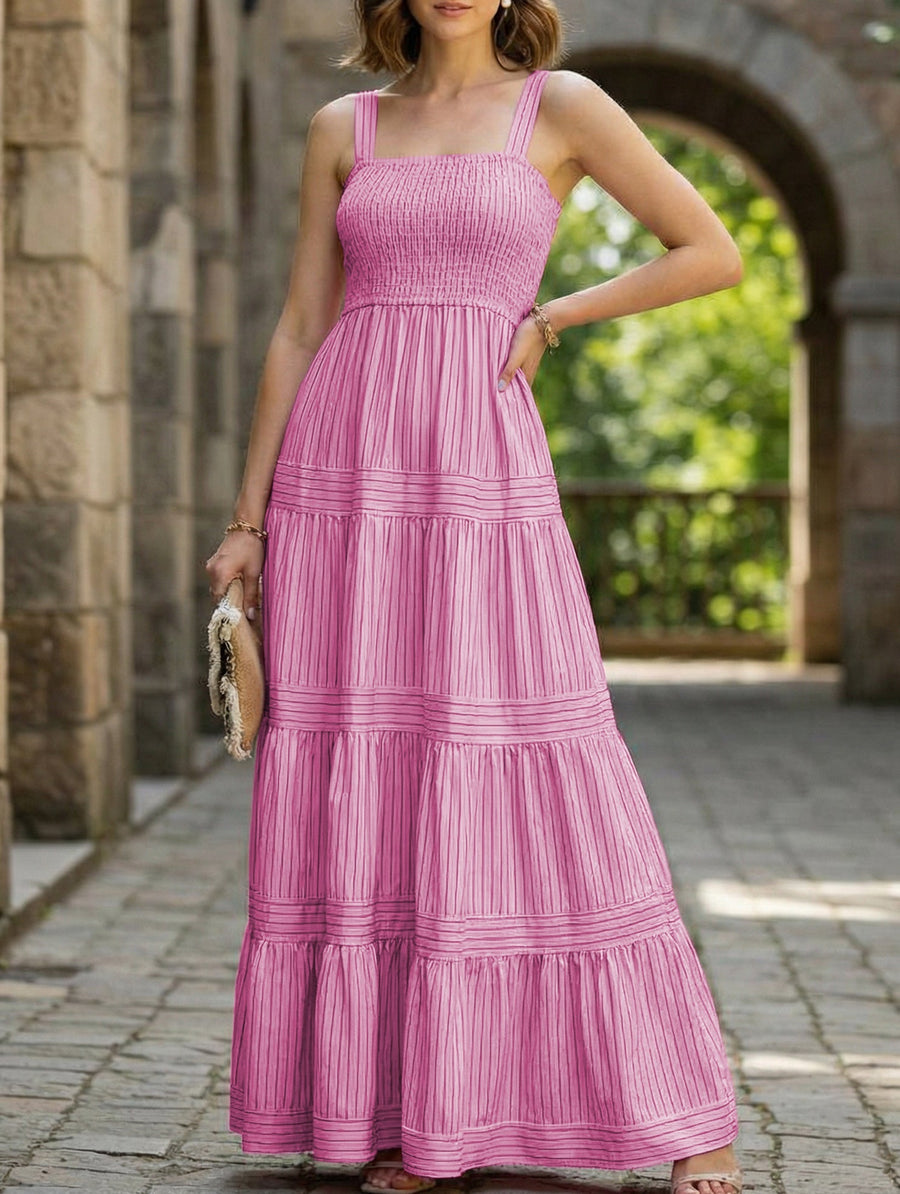 White retro striped maxi dress with a flowing silhouette, featuring bold stripes and a fitted waist from My Store.