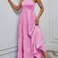 White retro striped maxi dress from My Store featuring a flowing silhouette and vibrant horizontal stripe pattern.