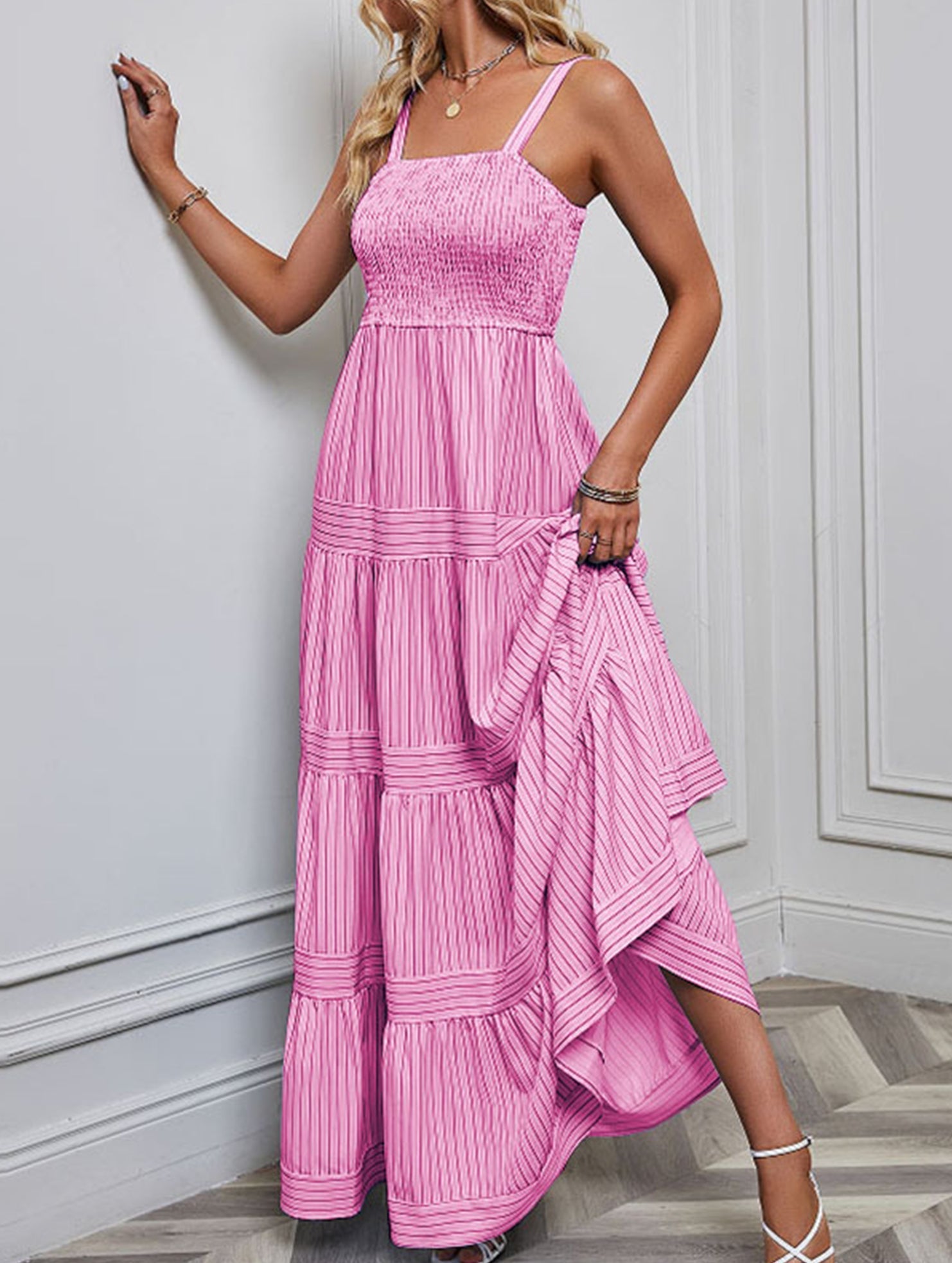 White retro striped maxi dress from My Store featuring a flowing silhouette and vibrant horizontal stripe pattern.