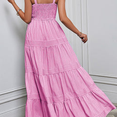 Pink retro striped maxi dress from My Store featuring a flowing design and bold horizontal stripes, perfect for casual summer wear.