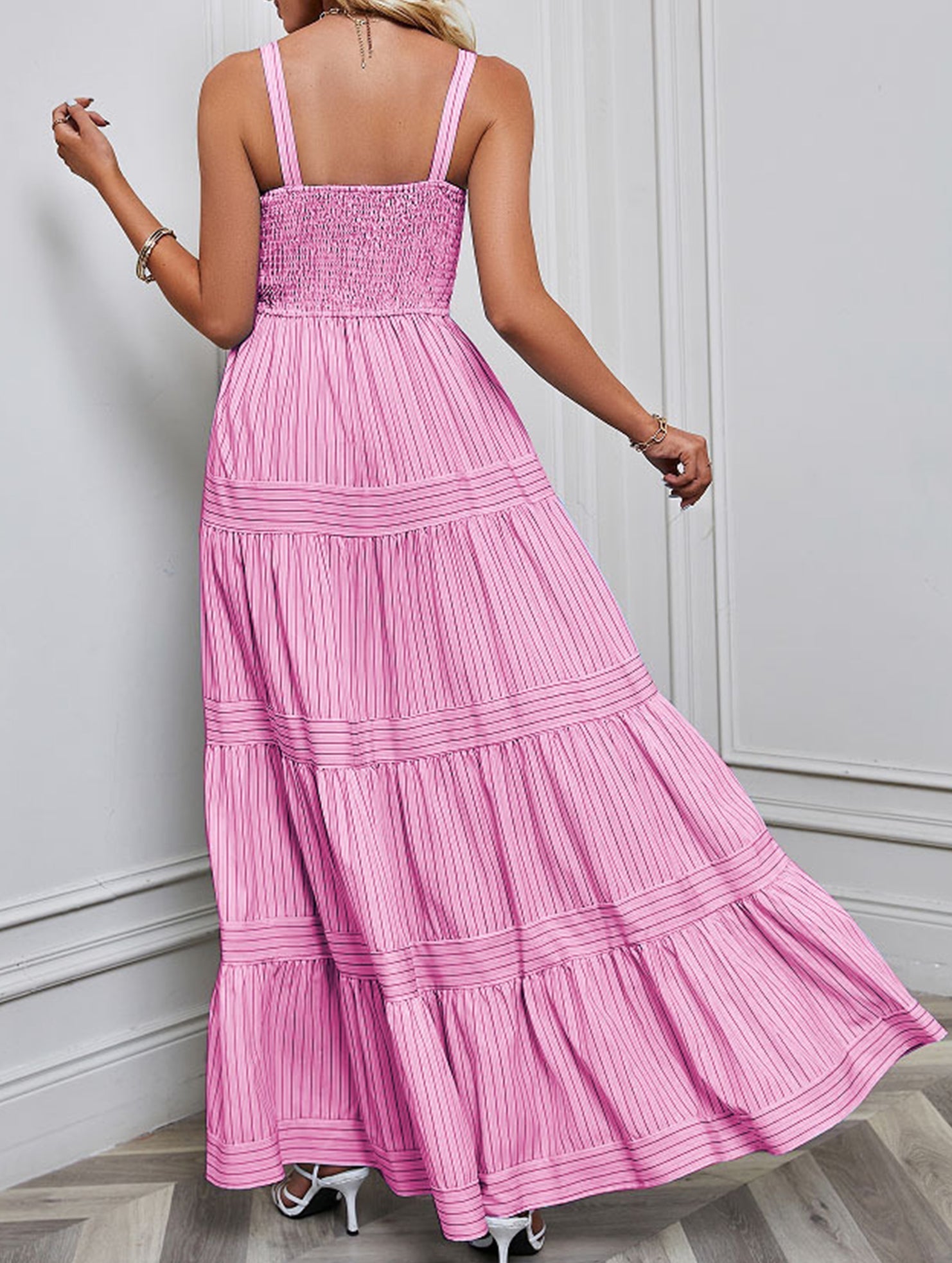 Pink retro striped maxi dress from My Store featuring a flowing design and bold horizontal stripes, perfect for casual summer wear.