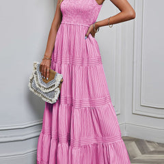 Pink retro style striped maxi dress from My Store, featuring a flowy design and white accents, perfect for casual or summer wear.