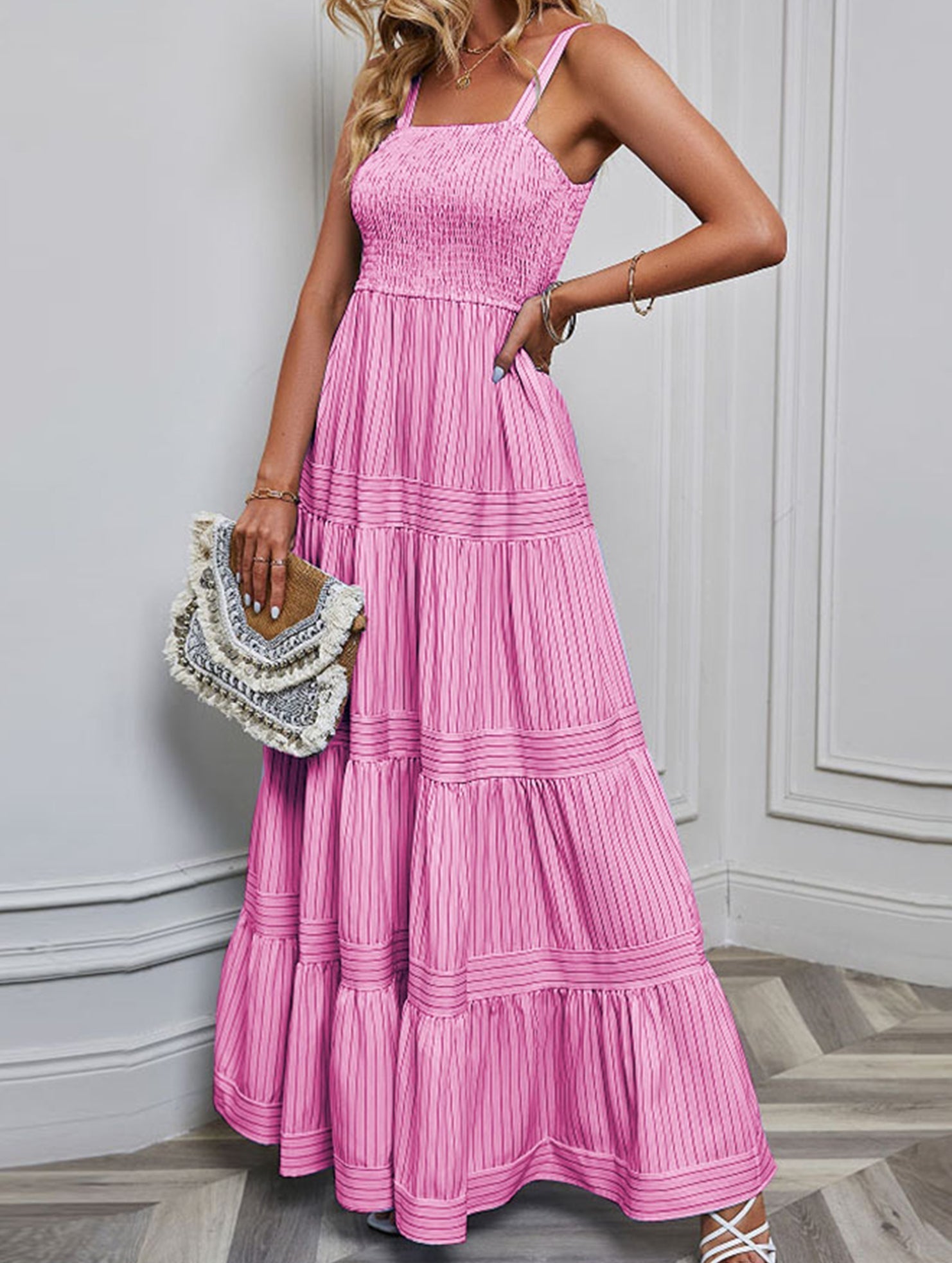 Pink retro style striped maxi dress from My Store, featuring a flowy design and white accents, perfect for casual or summer wear.
