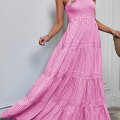White retro striped maxi dress from My Store, featuring a flowing design and bold vertical stripes, perfect for summer wear.