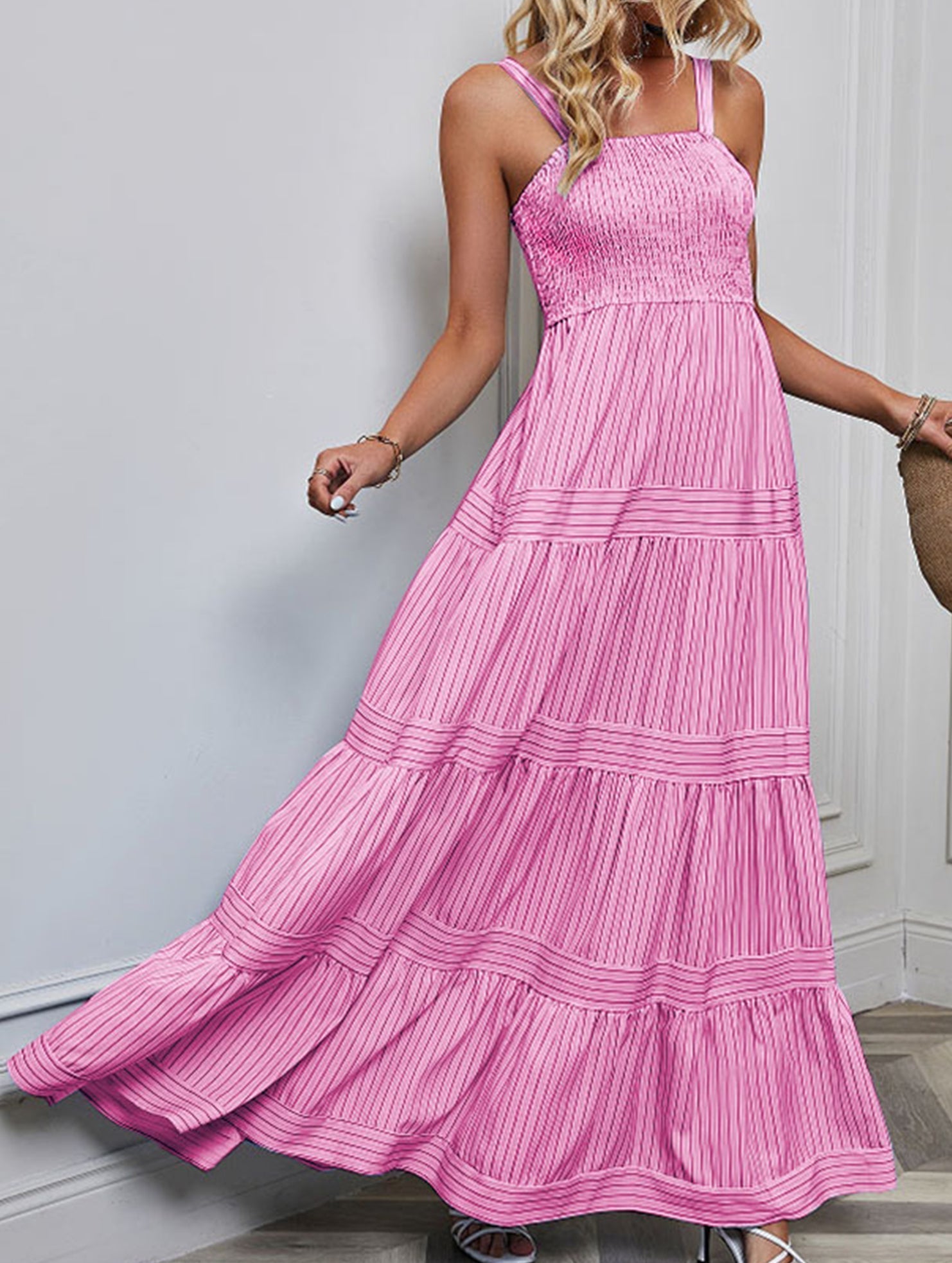 White retro striped maxi dress from My Store, featuring a flowing design and bold vertical stripes, perfect for summer wear.