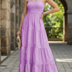 Purple retro striped maxi dress from My Store featuring a flowing design and bold horizontal stripes.