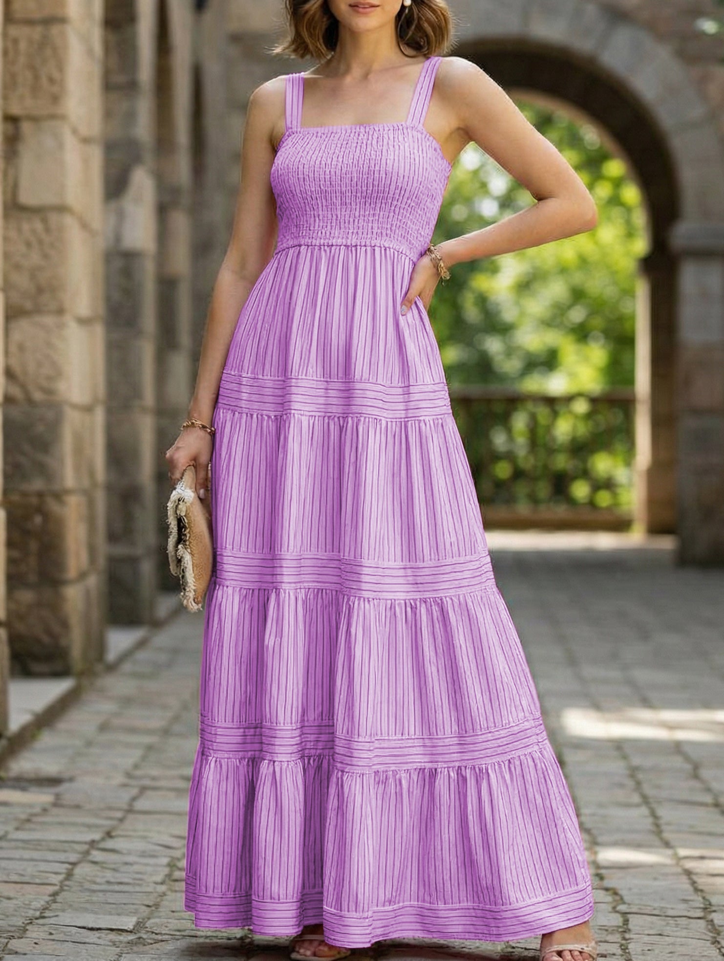 Purple retro striped maxi dress from My Store featuring a flowing design and bold horizontal stripes.