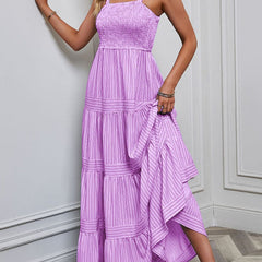 Purple retro style striped maxi dress from My Store featuring a flowing design and bold vertical stripes.