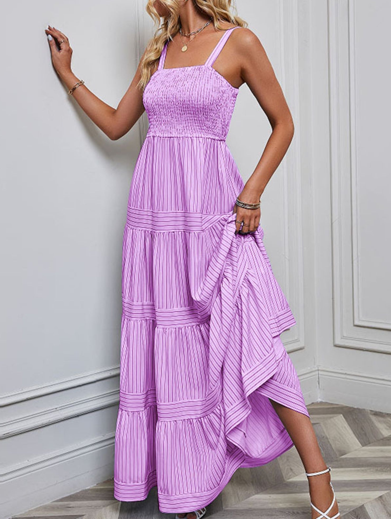 Purple retro style striped maxi dress from My Store featuring a flowing design and bold vertical stripes.