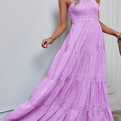 Purple retro style striped maxi dress from My Store, featuring a flowing design and bold stripe pattern.
