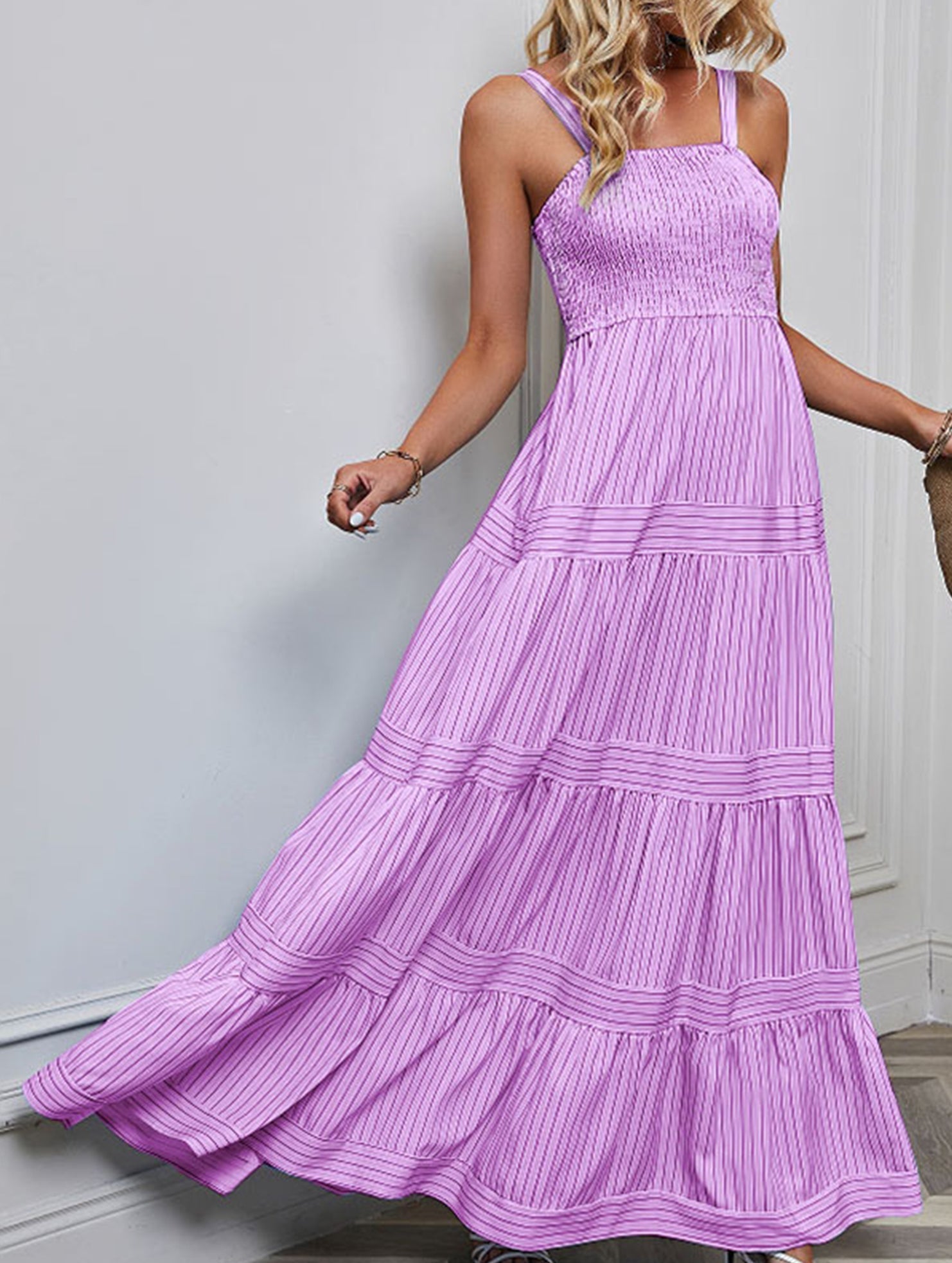 Purple retro style striped maxi dress from My Store, featuring a flowing design and bold stripe pattern.