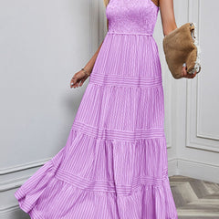 Purple retro striped maxi dress from My Store featuring a flowing design and bold horizontal stripe pattern.