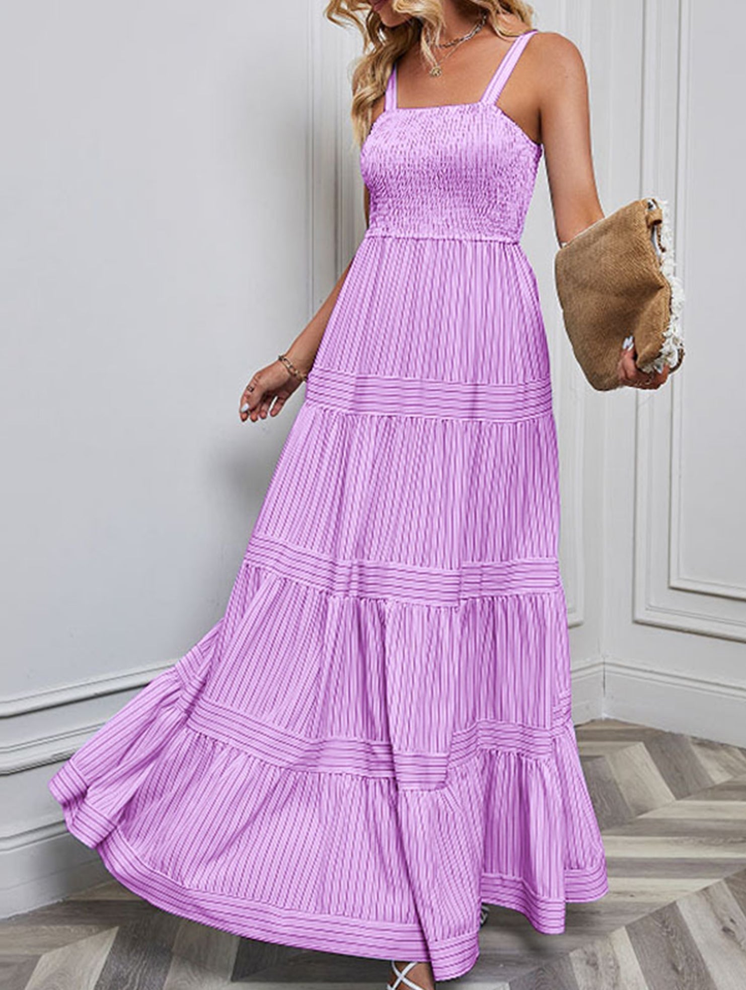 Purple retro striped maxi dress from My Store featuring a flowing design and bold horizontal stripe pattern.
