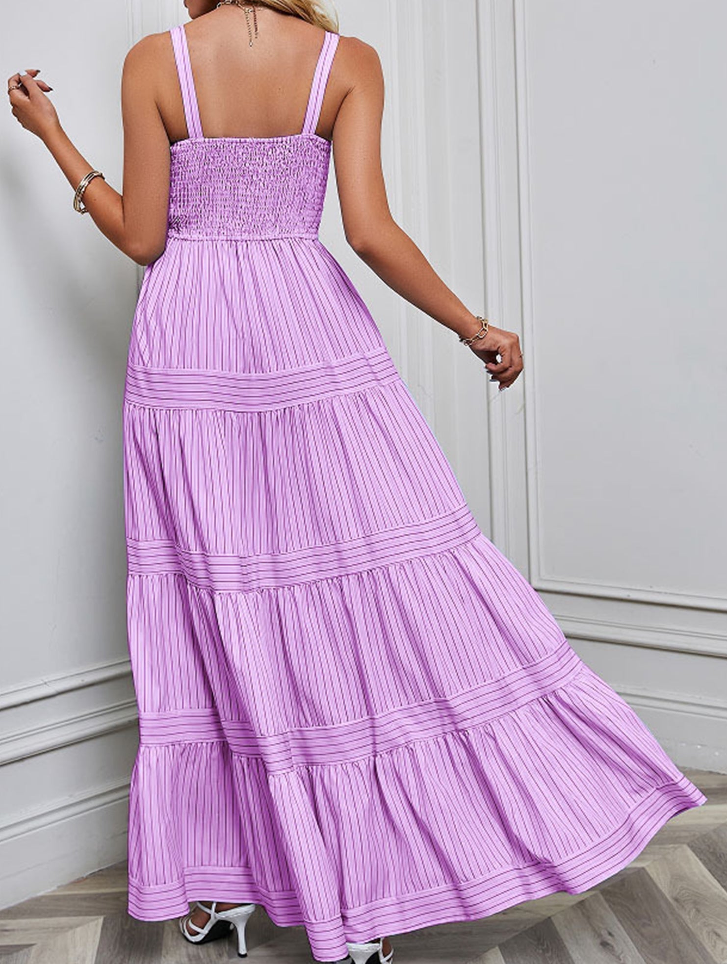 Purple retro striped maxi dress from My Store with a flowing design and bold horizontal stripes, perfect for casual and summer wear.