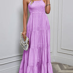 Purple retro style striped maxi dress from My Store, featuring a flowing design and bold pattern, perfect for casual or special occasions.