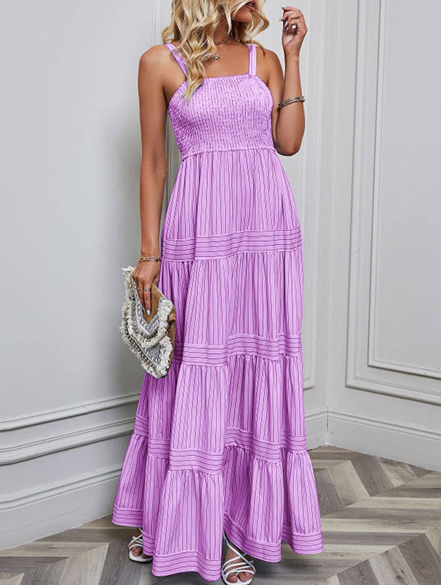 Purple retro style striped maxi dress from My Store, featuring a flowing design and bold pattern, perfect for casual or special occasions.