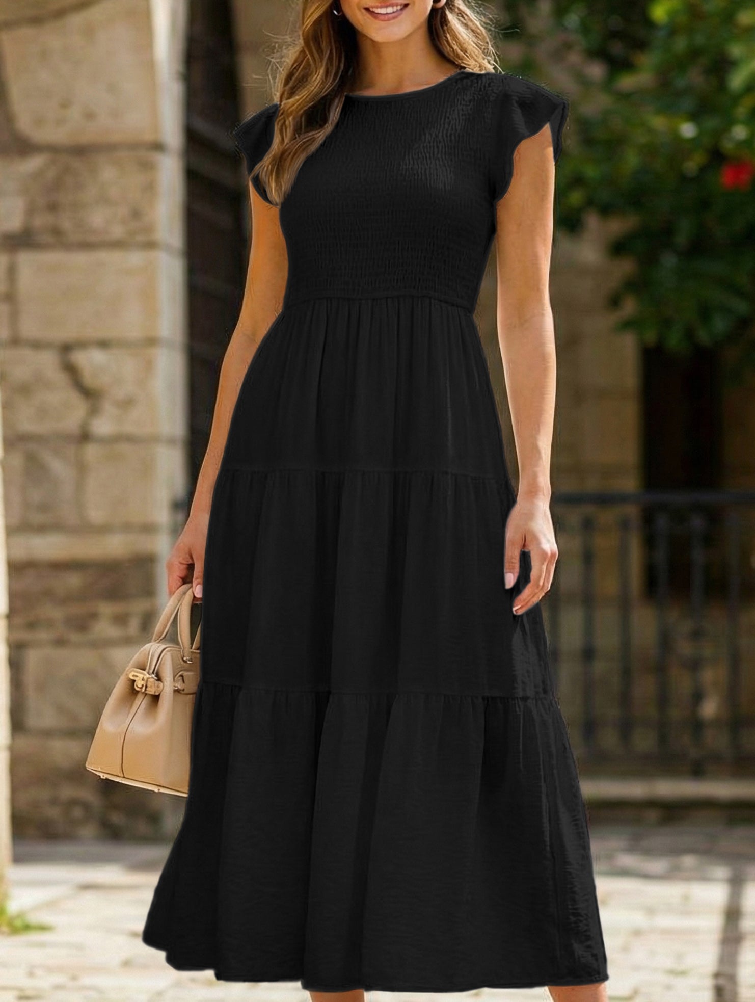 Black solid color cross-border sleeved dress from My Store, showcasing a stylish, elegant design with long sleeves and a fitted silhouette.