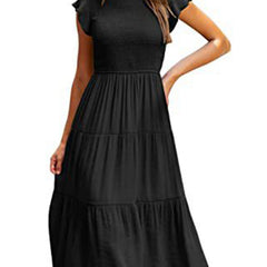 Black solid color cross-border sleeved dress from My Store, featuring a stylish design with long sleeves and a fitted silhouette.