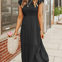 Black solid color sleeved dress from My Store, stylish cross-border design, perfect for elegant occasions.