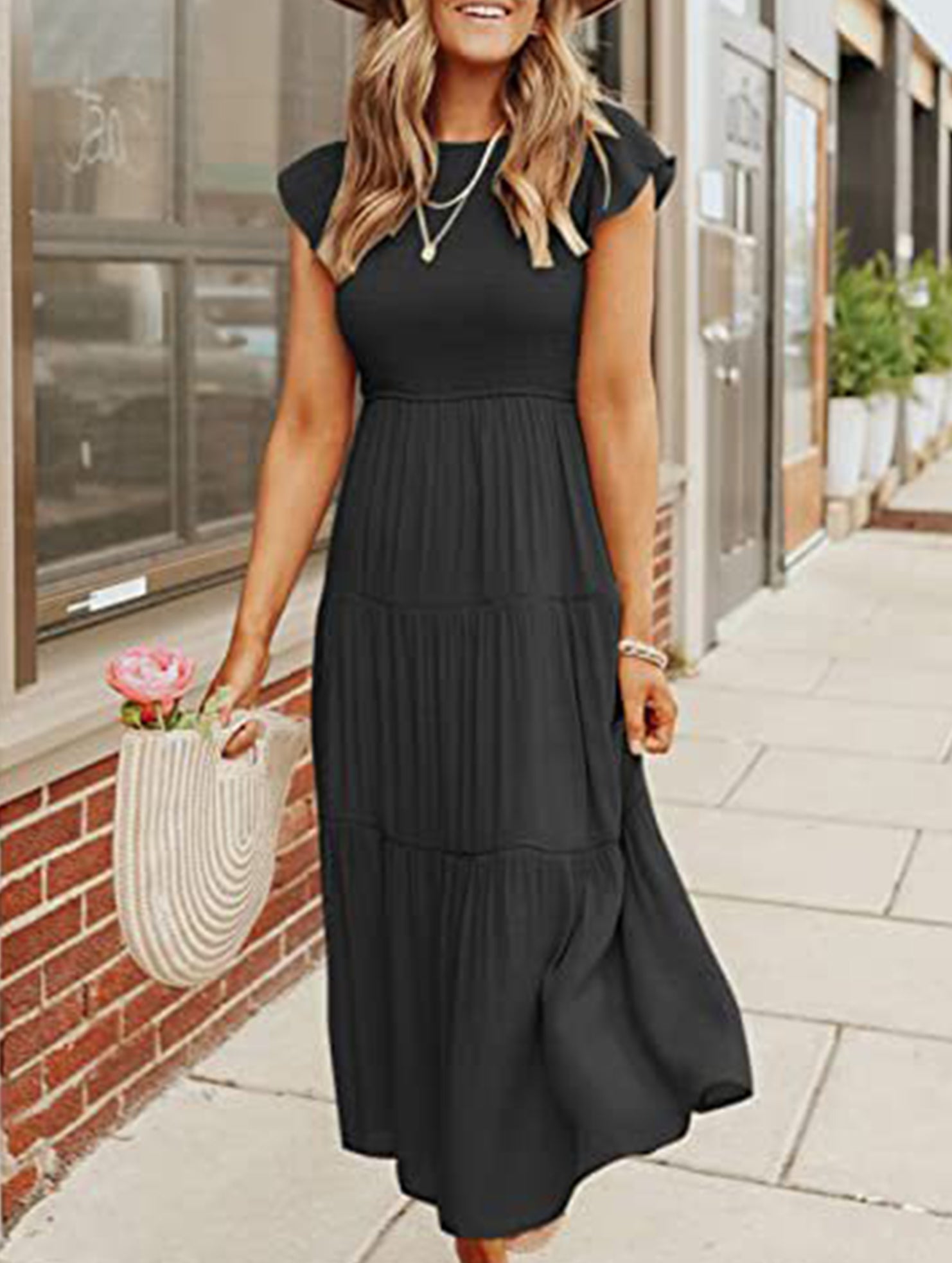 Black solid color sleeved dress from My Store, stylish cross-border design, perfect for elegant occasions.