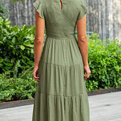 White solid color cross-border sleeved dress from My Store, featuring a stylish design, worn by a model, with a simple elegant look.