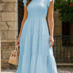 Light blue solid color cross-border sleeved dress from My Store, showcasing a stylish and elegant dress design.