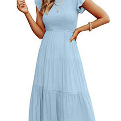 Light blue solid color cross-border sleeved dress from My Store, showcasing a stylish, elegant dress with long sleeves.