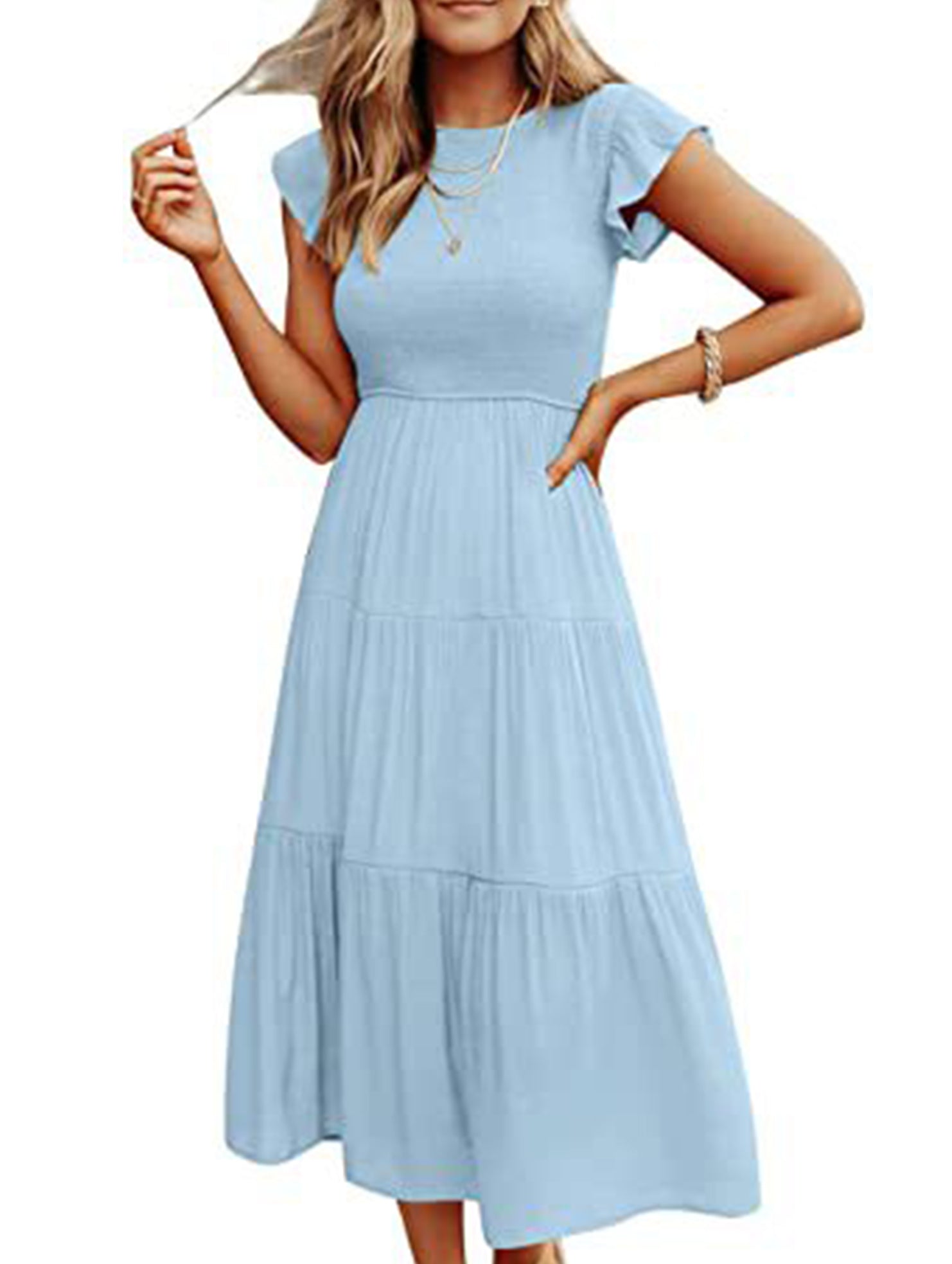 Light blue solid color cross-border sleeved dress from My Store, showcasing a stylish, elegant dress with long sleeves.