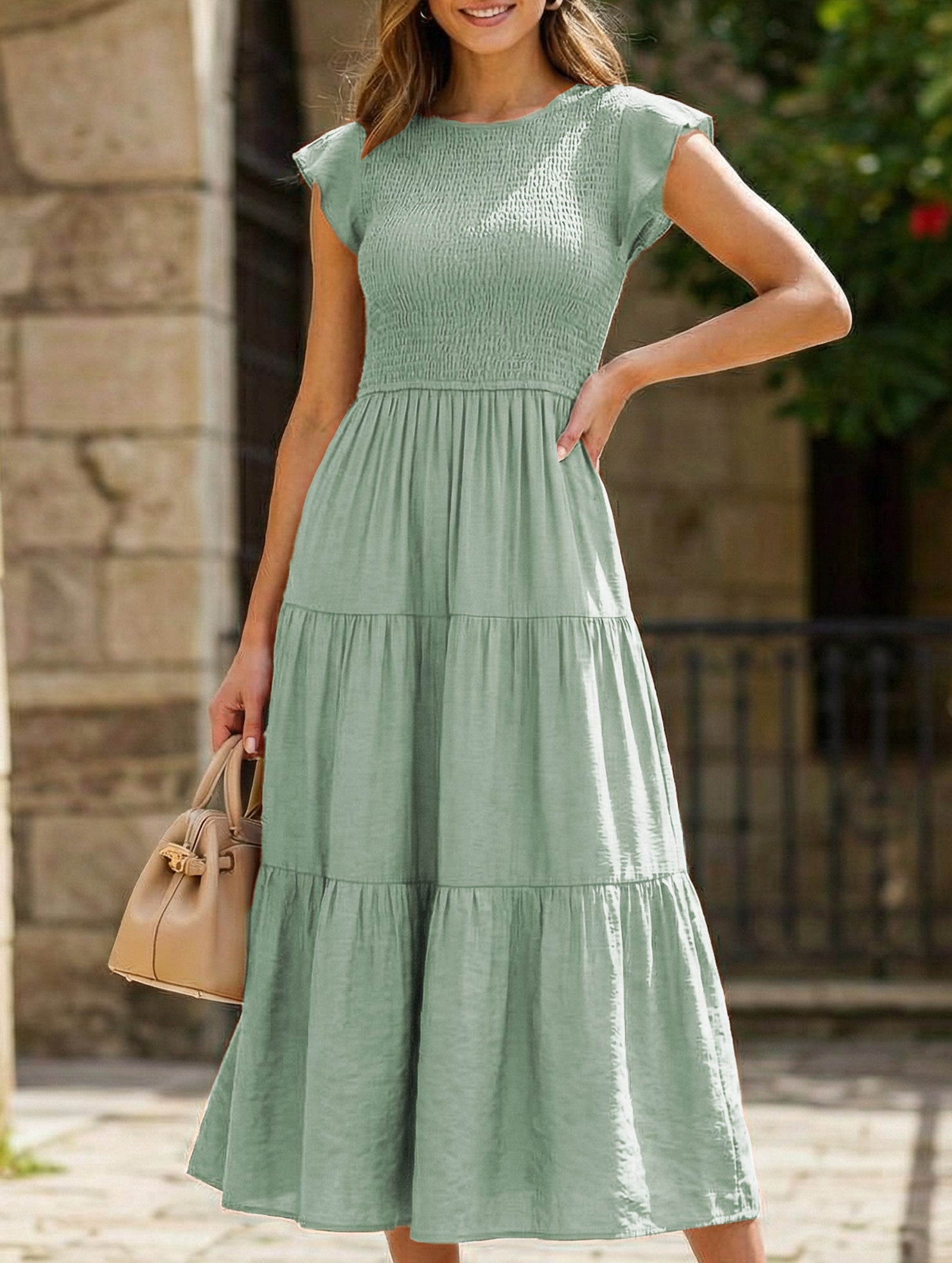 White solid color cross-border sleeved dress from My Store, featuring a stylish and elegant design.
