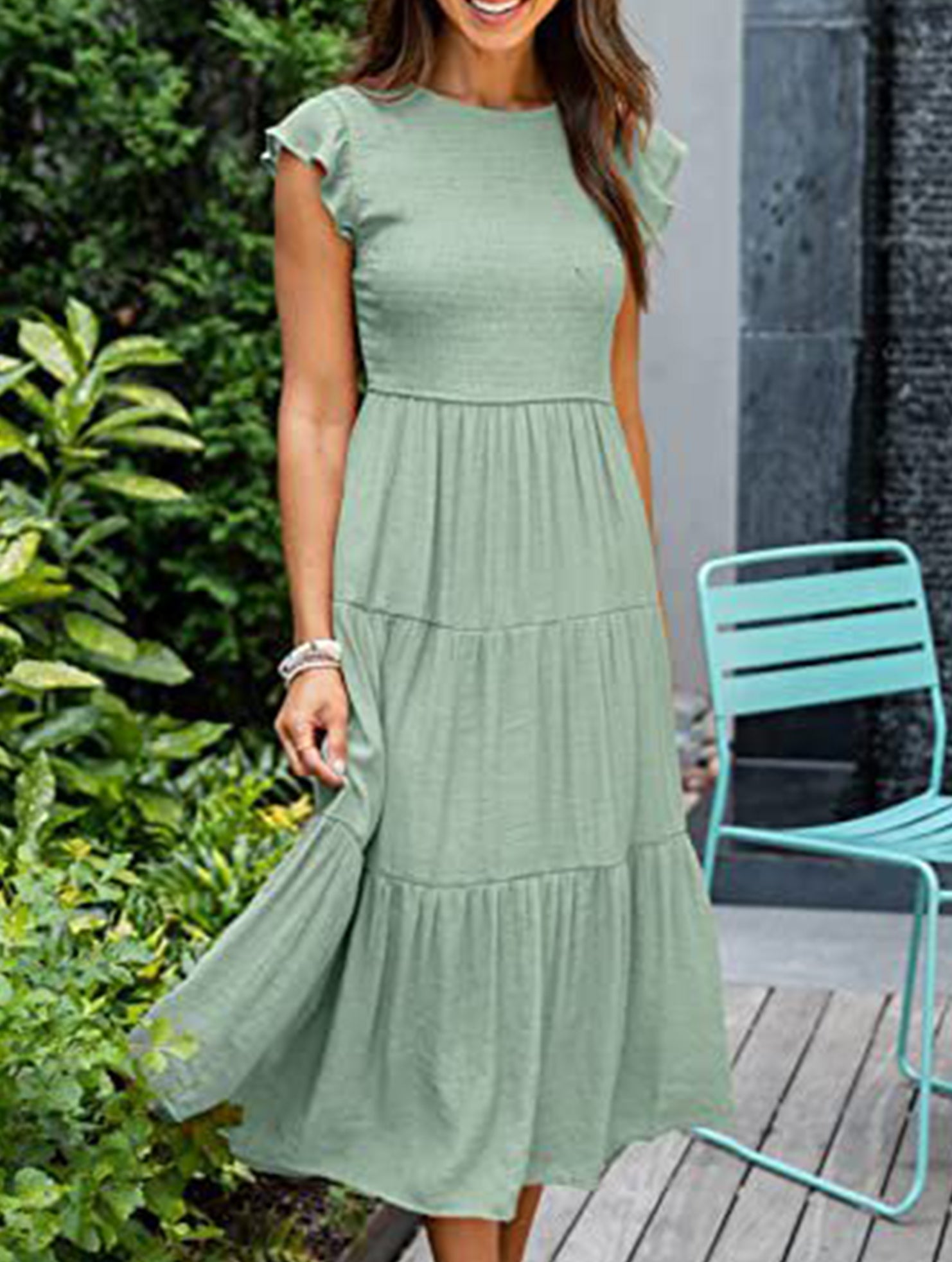 Light green solid color cross-border sleeved dress from My Store, featuring a stylish and comfortable design.