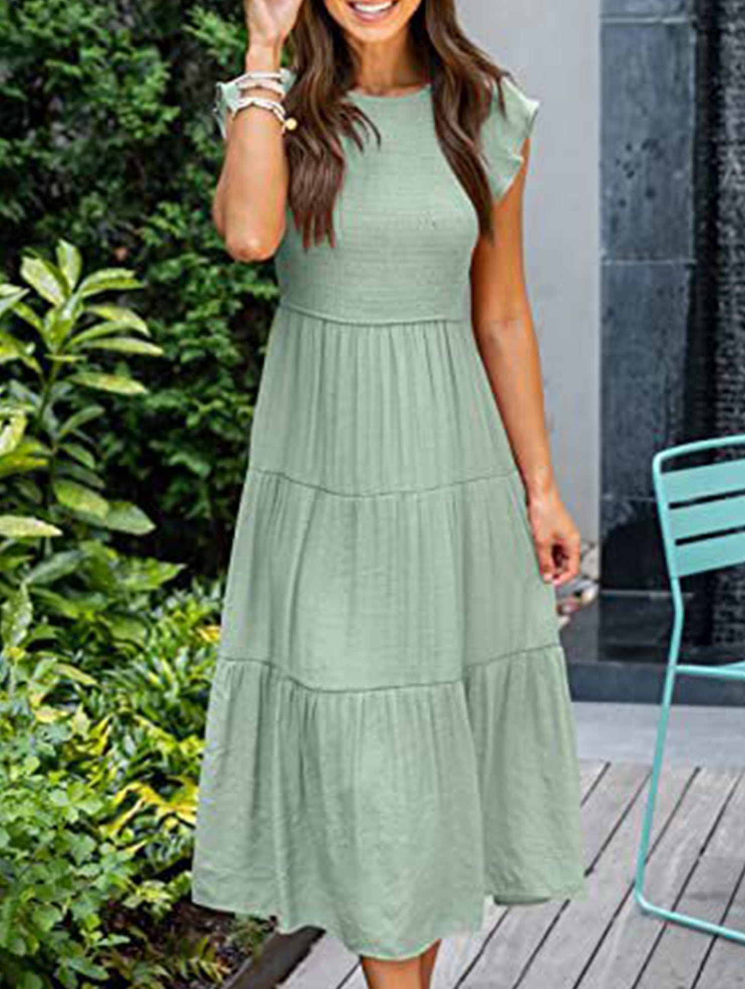 Light green solid color cross-border sleeved dress from My Store, stylish and comfortable for various occasions.