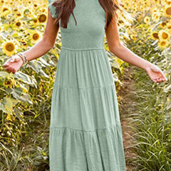 Light green solid color cross-border sleeved dress from My Store, featuring a stylish and comfortable design for women.