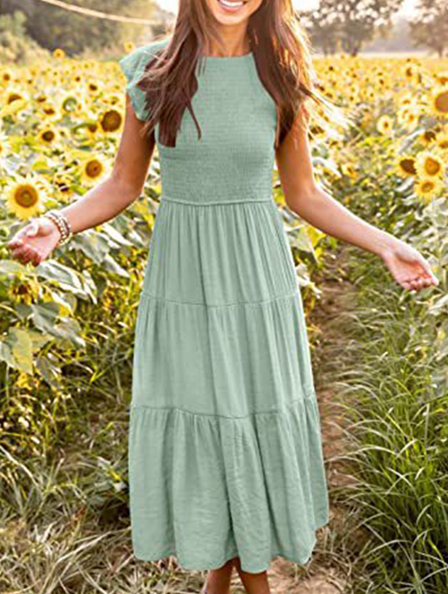 Light green solid color cross-border sleeved dress from My Store, featuring a stylish and comfortable design for women.