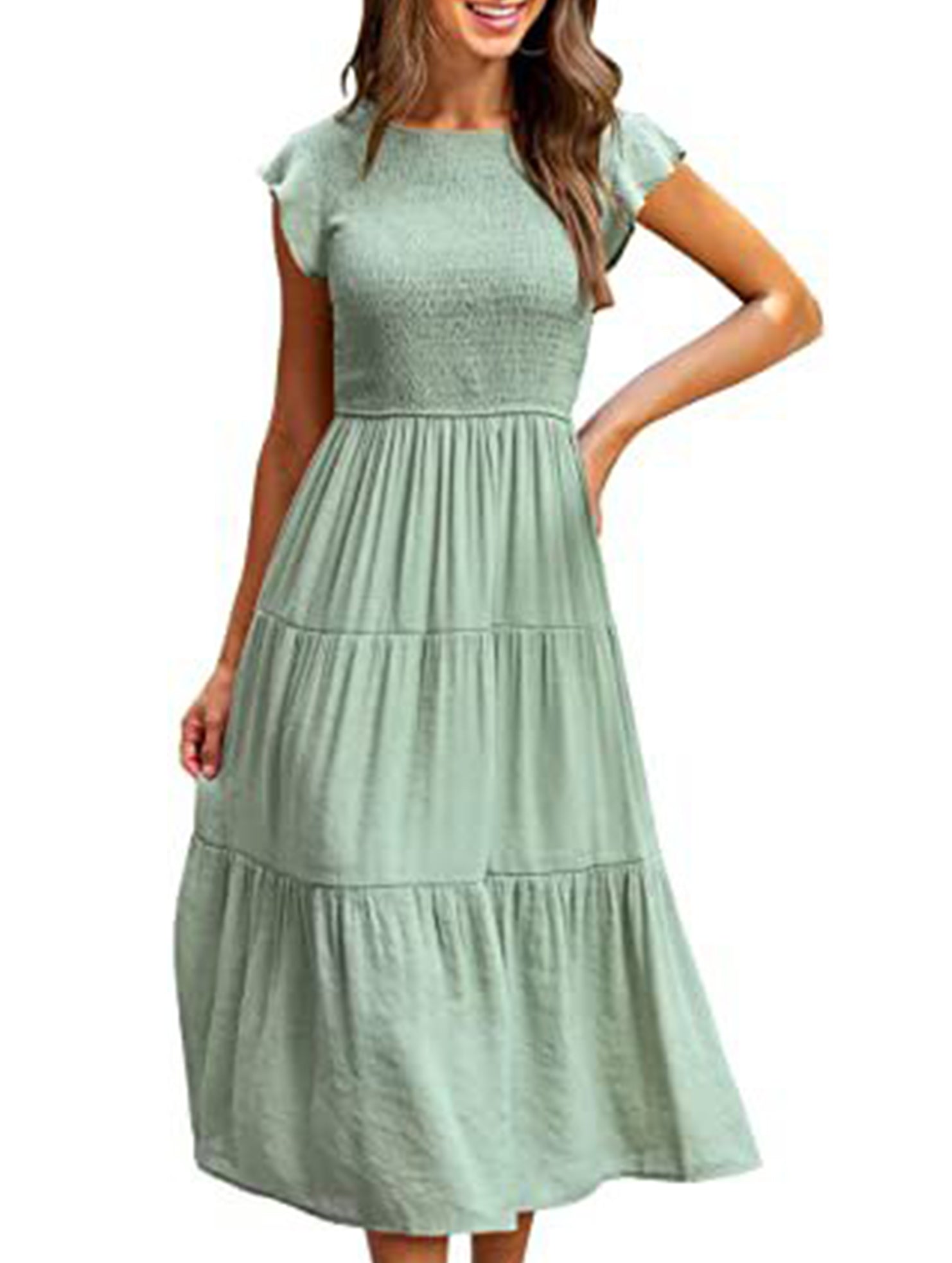 White solid color cross-border sleeved dress from My Store, stylish and elegant for casual or formal occasions.