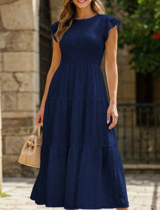 Navy solid color cross-border sleeved dress by My Store, featuring a stylish design and long sleeves for elegant wear.
