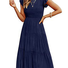 Navy solid color cross-border sleeved dress from My Store, stylish and elegant, displayed on a hanger against a white background.