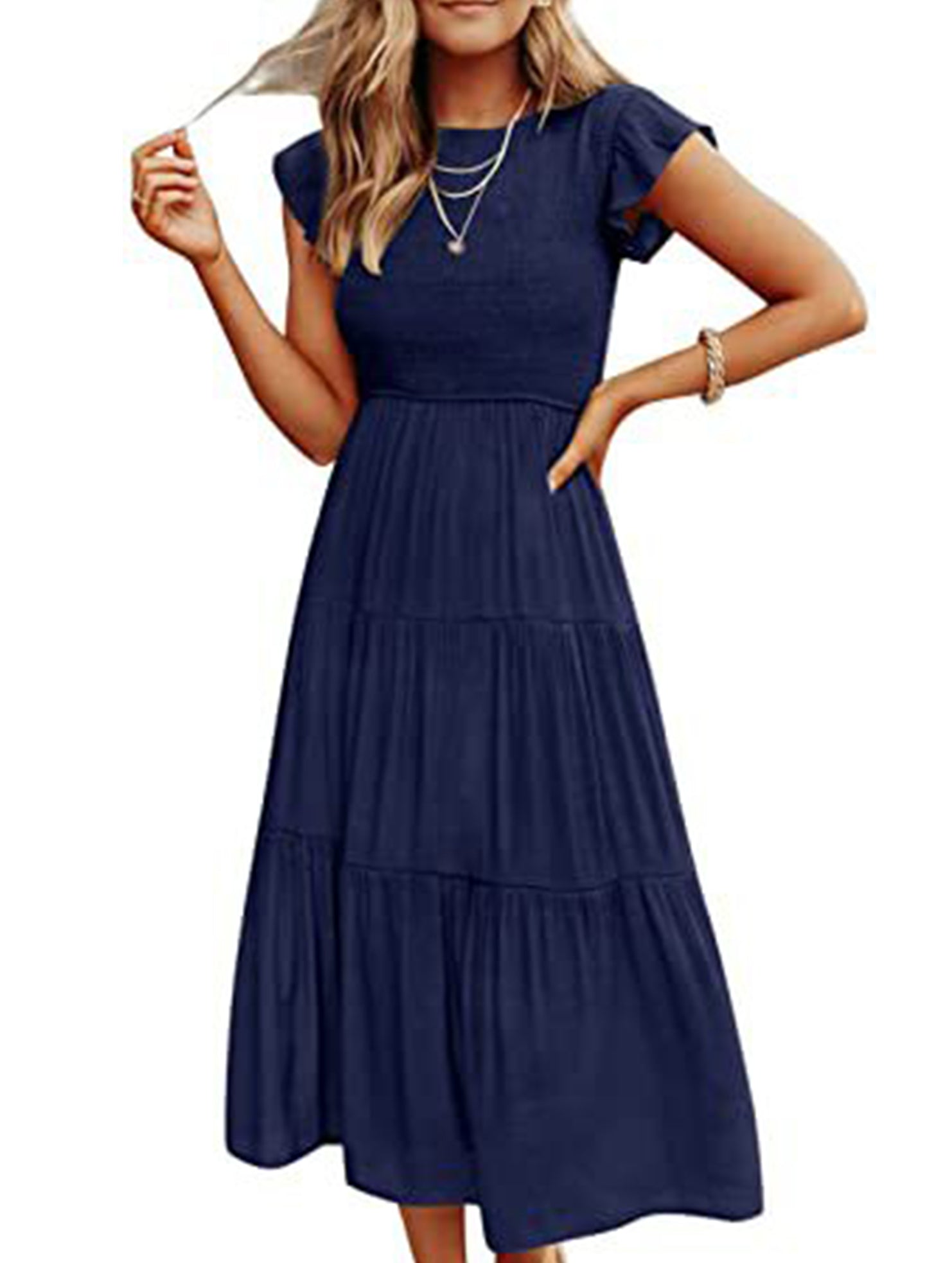 Navy solid color cross-border sleeved dress from My Store, stylish and elegant, displayed on a hanger against a white background.