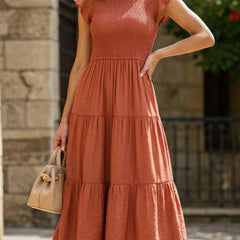 Orange solid color cross-border sleeved dress by My Store, front view showcasing elegant design and fitted silhouette.