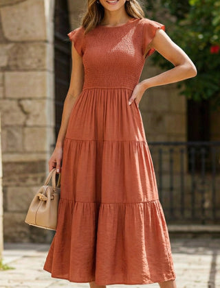 Orange solid color cross-border sleeved dress by My Store, front view showcasing elegant design and fitted silhouette.