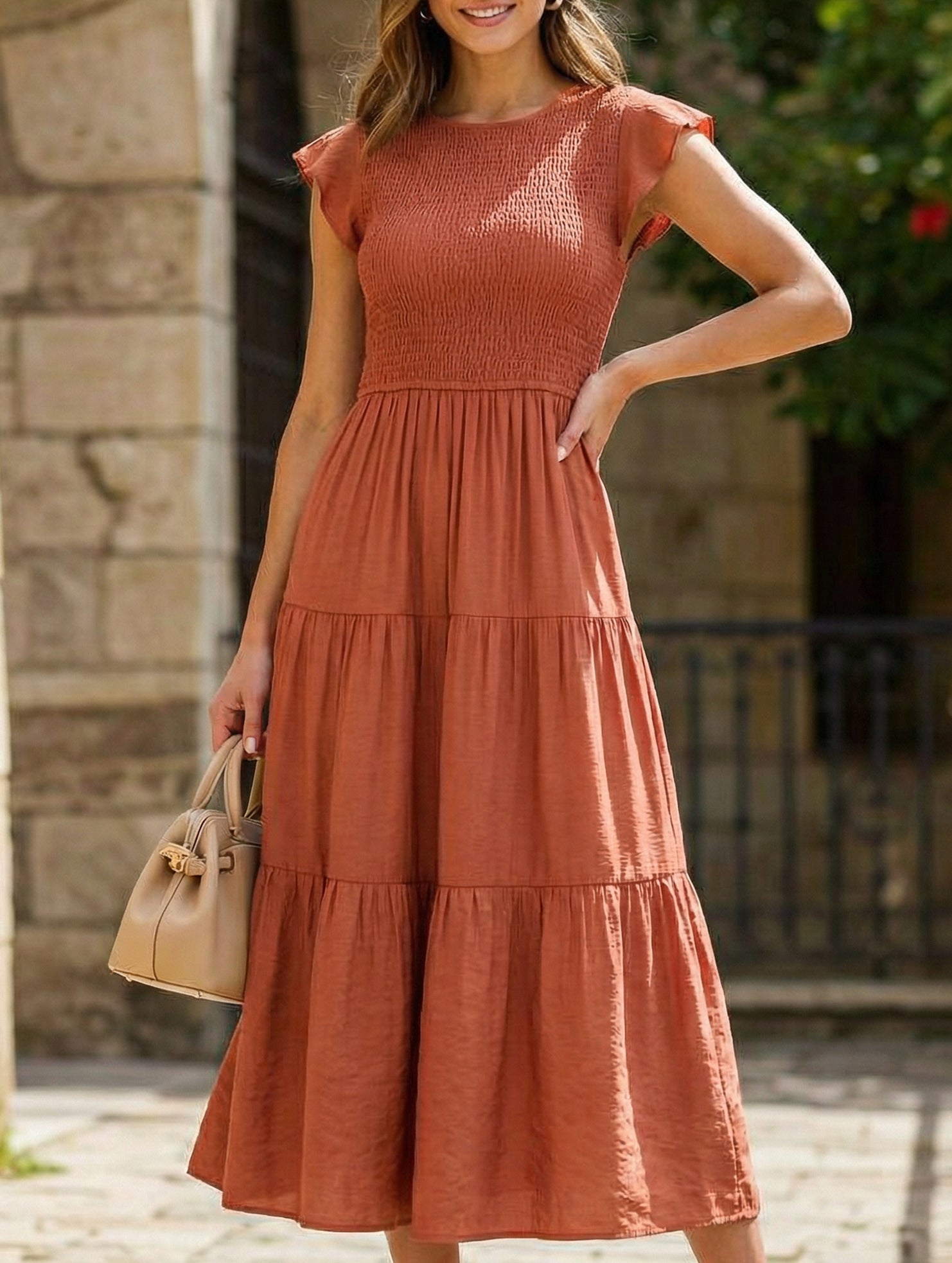 Orange solid color cross-border sleeved dress by My Store, front view showcasing elegant design and fitted silhouette.